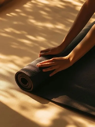 Hands rolling a yoga mat in dappled sunlight